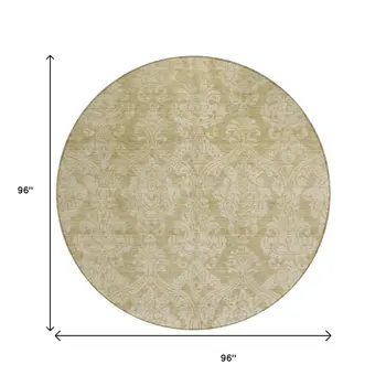 8' Tan And Beige Round Damask Washable Indoor Outdoor Area Rug