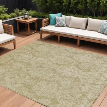 8' X 10' Tan And Beige Damask Washable Indoor Outdoor Area Rug