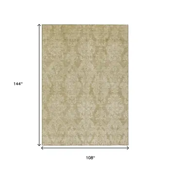 9' X 12' Tan And Beige Damask Washable Indoor Outdoor Area Rug