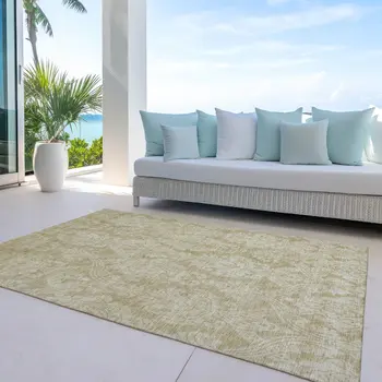 9' X 12' Tan And Beige Damask Washable Indoor Outdoor Area Rug