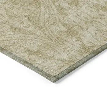 9' X 12' Tan And Beige Damask Washable Indoor Outdoor Area Rug
