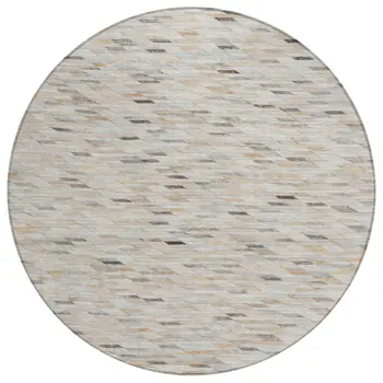 8' Linen And Gray Round Geometric Washable Indoor Outdoor Area Rug