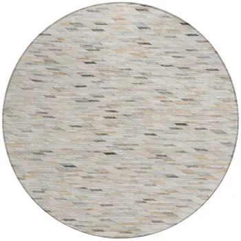 8' Linen And Gray Round Geometric Washable Indoor Outdoor Area Rug