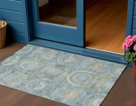 3' X 5' Blue And Gold Medallion Washable Indoor Outdoor Area Rug