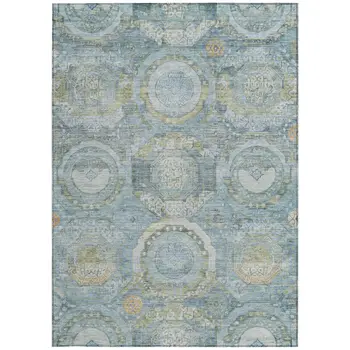 5' X 8' Blue And Gold Medallion Washable Indoor Outdoor Area Rug