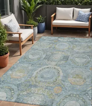 5' X 8' Blue And Gold Medallion Washable Indoor Outdoor Area Rug