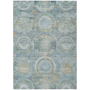 5' X 8' Blue And Gold Medallion Washable Indoor Outdoor Area Rug