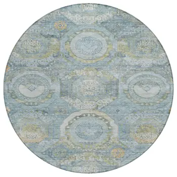 8' Blue And Gold Round Medallion Washable Indoor Outdoor Area Rug