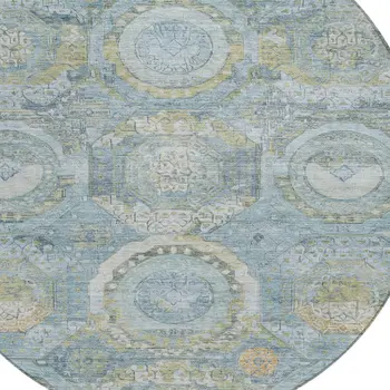 8' Blue And Gold Round Medallion Washable Indoor Outdoor Area Rug