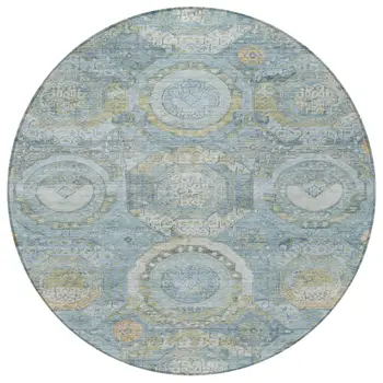 8' Blue And Gold Round Medallion Washable Indoor Outdoor Area Rug