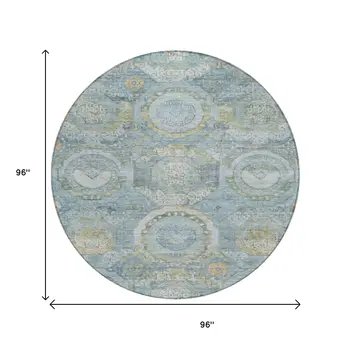 8' Blue And Gold Round Medallion Washable Indoor Outdoor Area Rug
