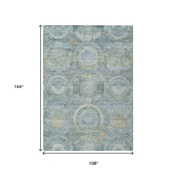 9' X 12' Blue And Gold Medallion Washable Indoor Outdoor Area Rug