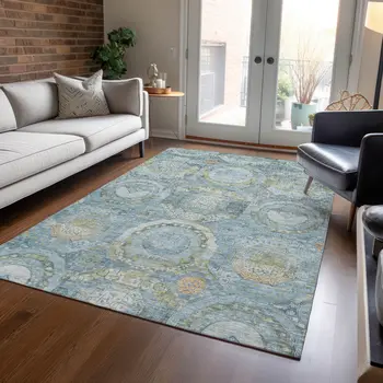 9' X 12' Blue And Gold Medallion Washable Indoor Outdoor Area Rug