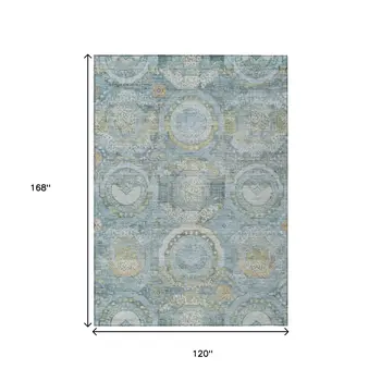 10' X 14' Blue And Gold Medallion Washable Indoor Outdoor Area Rug