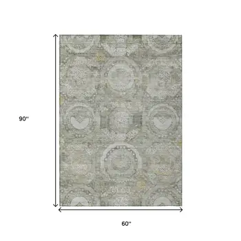 5' X 8' Pewter And Gold Medallion Washable Indoor Outdoor Area Rug