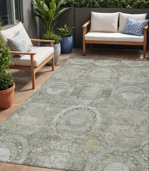 5' X 8' Pewter And Gold Medallion Washable Indoor Outdoor Area Rug