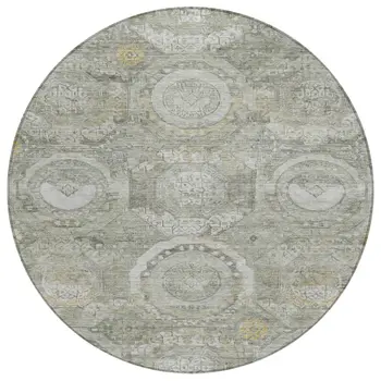 8' Pewter And Gold Round Medallion Washable Indoor Outdoor Area Rug