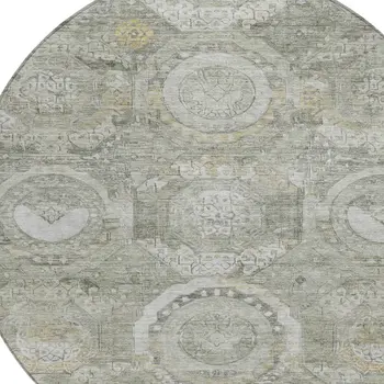 8' Pewter And Gold Round Medallion Washable Indoor Outdoor Area Rug