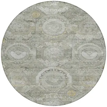 8' Pewter And Gold Round Medallion Washable Indoor Outdoor Area Rug