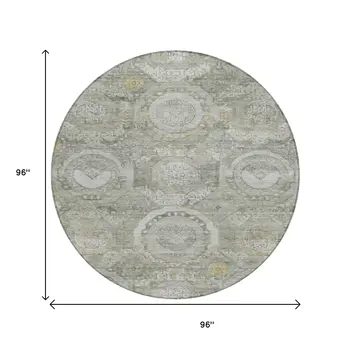 8' Pewter And Gold Round Medallion Washable Indoor Outdoor Area Rug