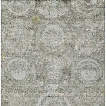 9' X 12' Pewter And Gold Medallion Washable Indoor Outdoor Area Rug