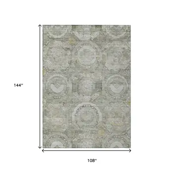 9' X 12' Pewter And Gold Medallion Washable Indoor Outdoor Area Rug