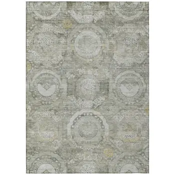 9' X 12' Pewter And Gold Medallion Washable Indoor Outdoor Area Rug