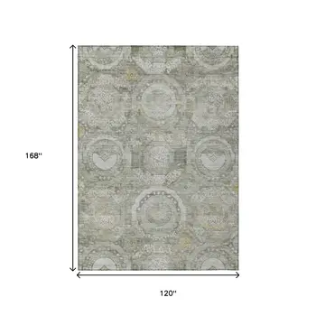 10' X 14' Pewter And Gold Medallion Washable Indoor Outdoor Area Rug