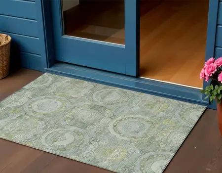 3' X 5' Sage And Gold Medallion Washable Indoor Outdoor Area Rug
