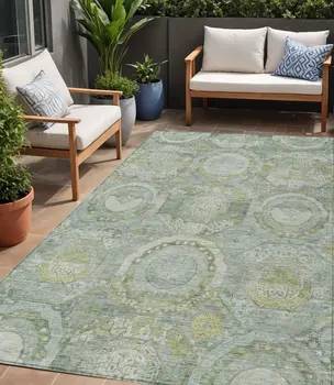 5' X 8' Sage And Gold Medallion Washable Indoor Outdoor Area Rug