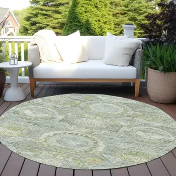 8' Sage And Gold Round Medallion Washable Indoor Outdoor Area Rug