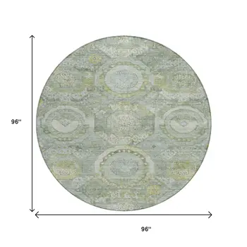 8' Sage And Gold Round Medallion Washable Indoor Outdoor Area Rug