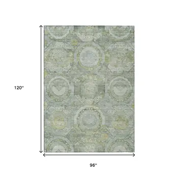 8' X 10' Sage And Gold Medallion Washable Indoor Outdoor Area Rug