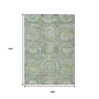9' X 12' Sage And Gold Medallion Washable Indoor Outdoor Area Rug
