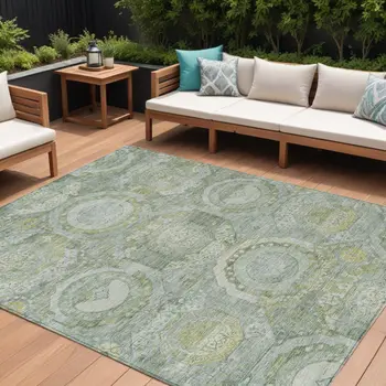 9' X 12' Sage And Gold Medallion Washable Indoor Outdoor Area Rug