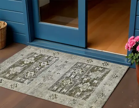 3' X 5' Brown And Ivory Aztec Washable Indoor Outdoor Area Rug