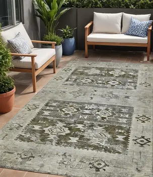 5' X 8' Brown And Ivory Aztec Washable Indoor Outdoor Area Rug