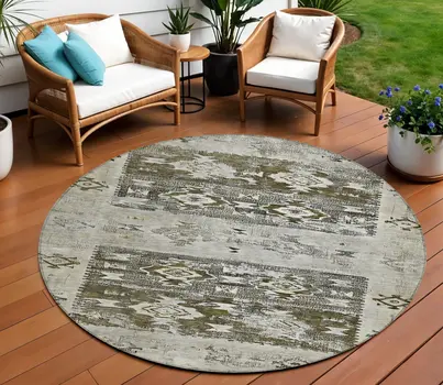 8' Brown And Ivory Round Aztec Washable Indoor Outdoor Area Rug
