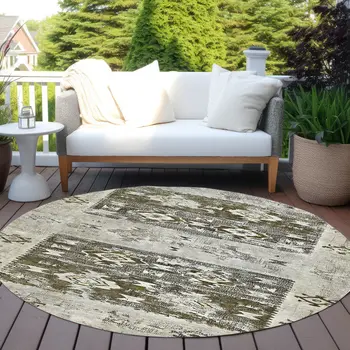 8' Brown And Ivory Round Aztec Washable Indoor Outdoor Area Rug