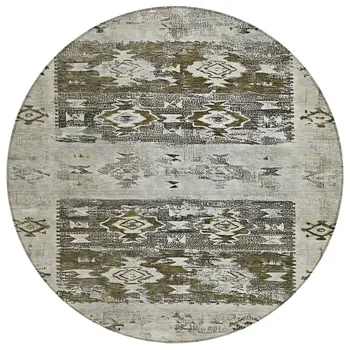 8' Brown And Ivory Round Aztec Washable Indoor Outdoor Area Rug