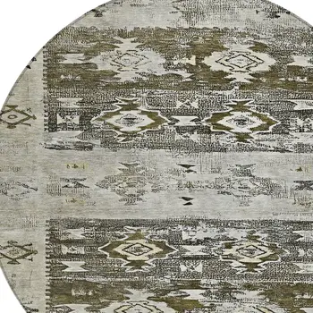 8' Brown And Ivory Round Aztec Washable Indoor Outdoor Area Rug