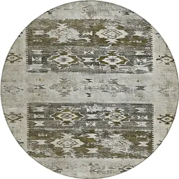 8' Brown And Ivory Round Aztec Washable Indoor Outdoor Area Rug