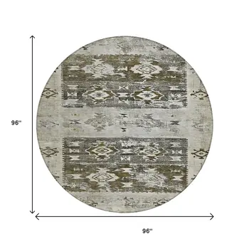 8' Brown And Ivory Round Aztec Washable Indoor Outdoor Area Rug