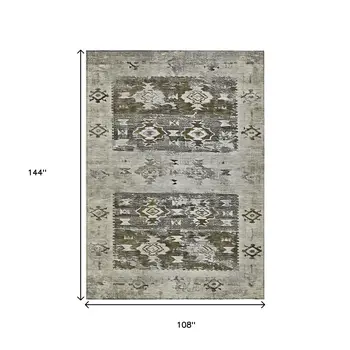 9' X 12' Brown And Ivory Aztec Washable Indoor Outdoor Area Rug