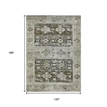 10' X 14' Brown And Ivory Aztec Washable Indoor Outdoor Area Rug