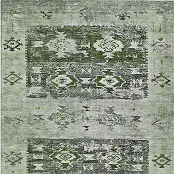 3' X 5' Olive Green And Ivory Aztec Washable Indoor Outdoor Area Rug