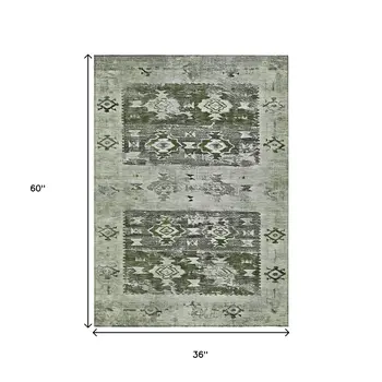 3' X 5' Olive Green And Ivory Aztec Washable Indoor Outdoor Area Rug