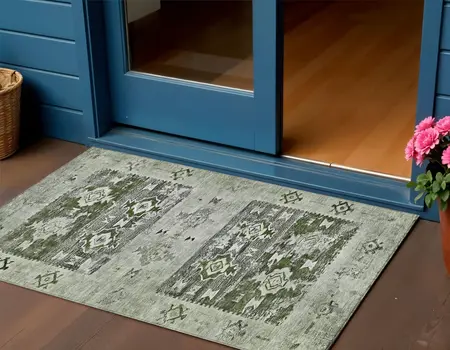 3' X 5' Olive Green And Ivory Aztec Washable Indoor Outdoor Area Rug