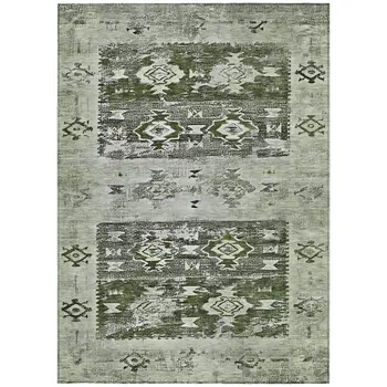 5' X 8' Olive Green And Ivory Aztec Washable Indoor Outdoor Area Rug