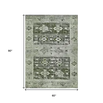 5' X 8' Olive Green And Ivory Aztec Washable Indoor Outdoor Area Rug